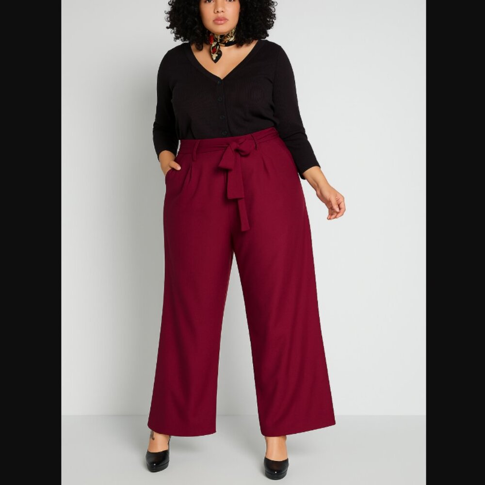 NWT Modcloth Savannah Belted Tie Waist Trouser Pants Size 12 Red Wine
